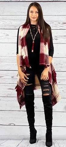 * Maroon & Cream Plaid Sweater Vest