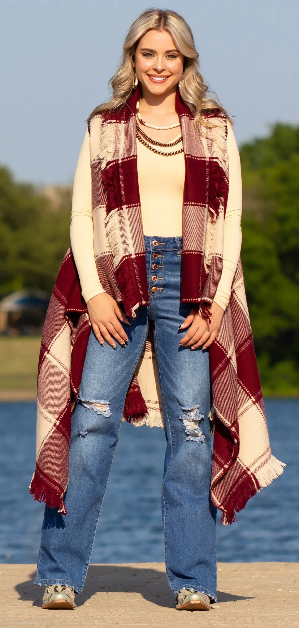 * Maroon & Cream Plaid Sweater Vest