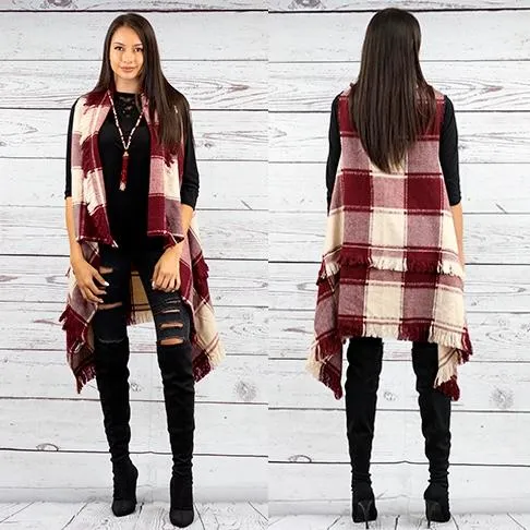 * Maroon & Cream Plaid Sweater Vest