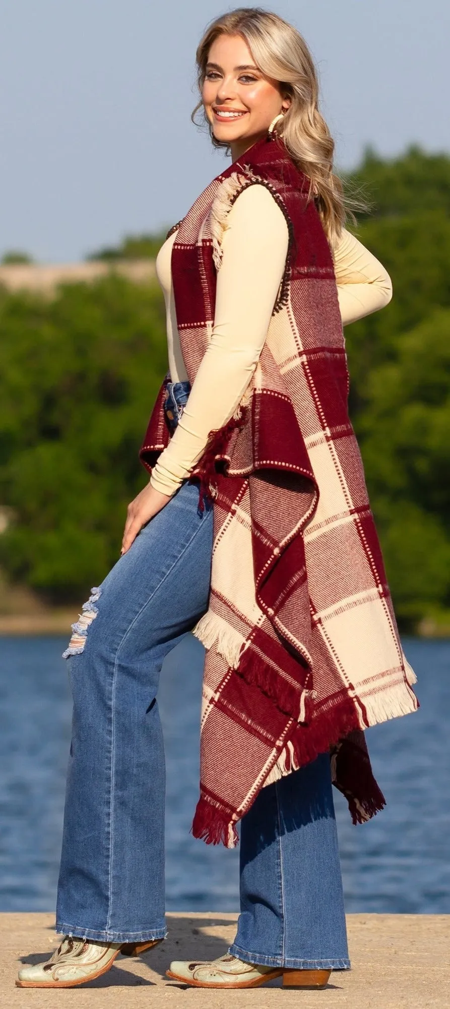 * Maroon & Cream Plaid Sweater Vest