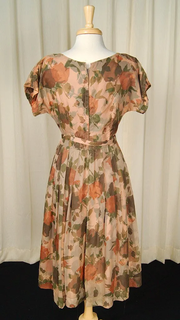 1950s Brown Sheer Floral Dress