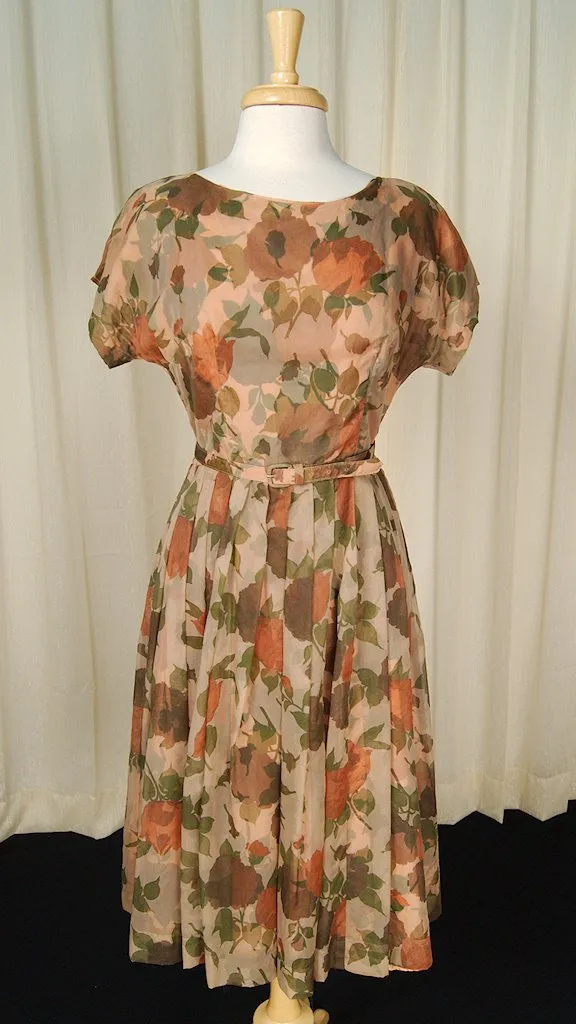 1950s Brown Sheer Floral Dress