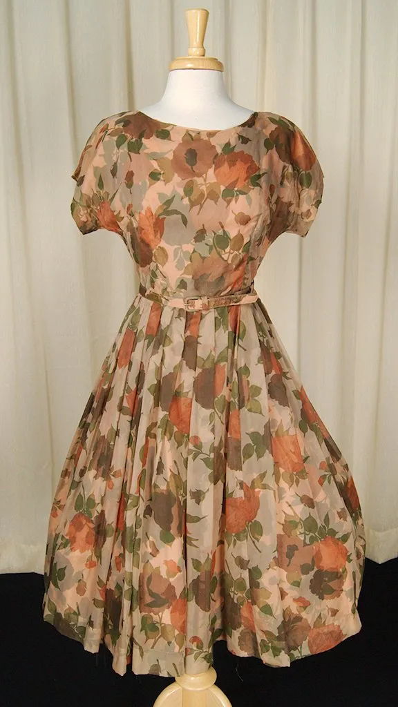 1950s Brown Sheer Floral Dress