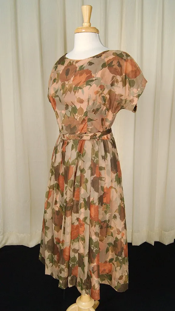 1950s Brown Sheer Floral Dress