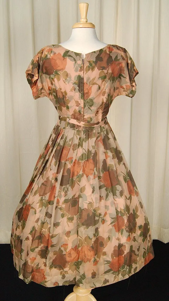 1950s Brown Sheer Floral Dress