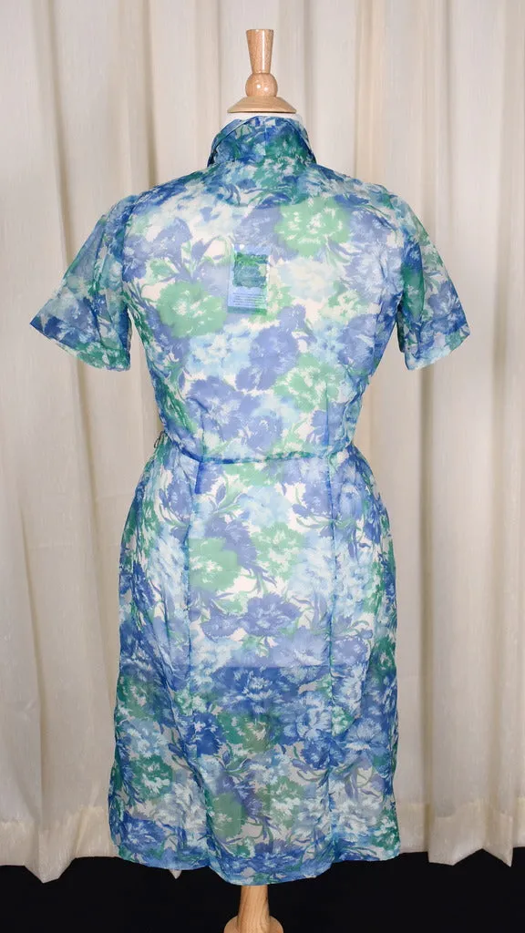 1950s Sheer Blue Floral Dress