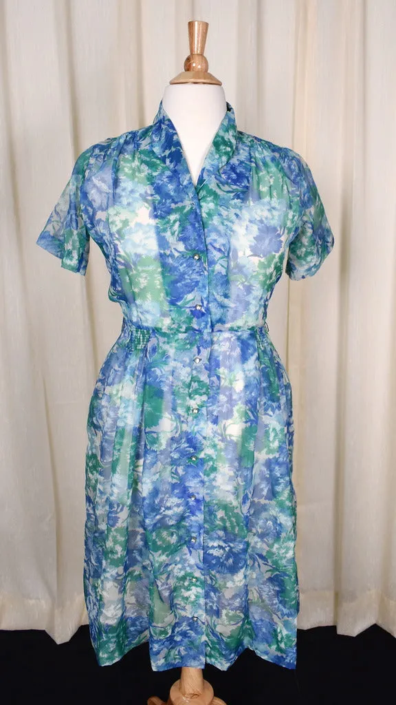 1950s Sheer Blue Floral Dress