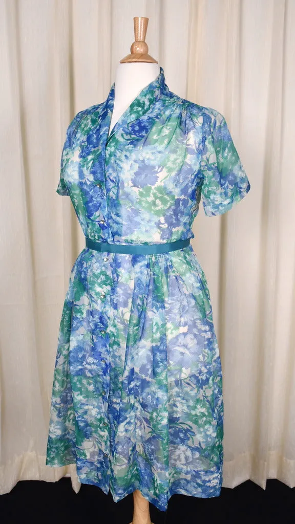 1950s Sheer Blue Floral Dress