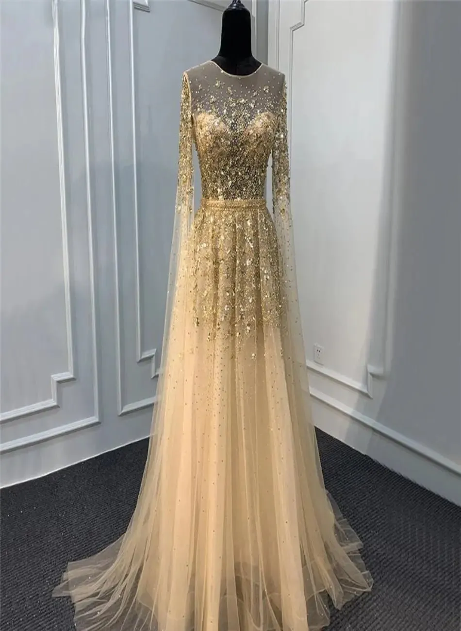 Aiyana Gold Luxury Sequins Crystal Evening Dress