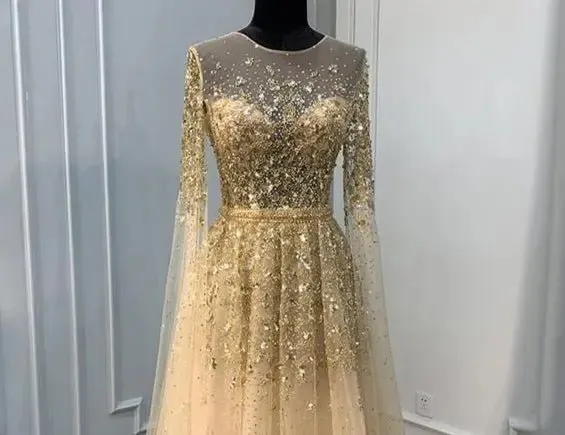 Aiyana Gold Luxury Sequins Crystal Evening Dress