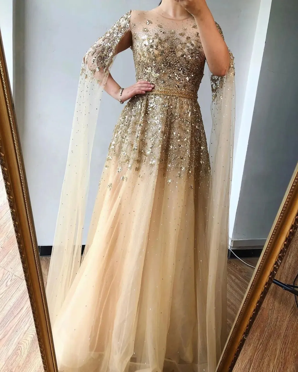 Aiyana Gold Luxury Sequins Crystal Evening Dress