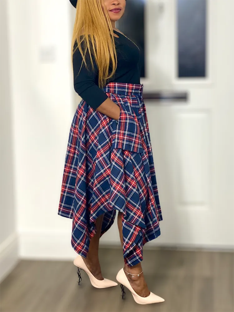 Asymmetric Plaid Midi Skirt