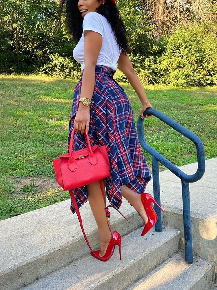 Asymmetric Plaid Midi Skirt