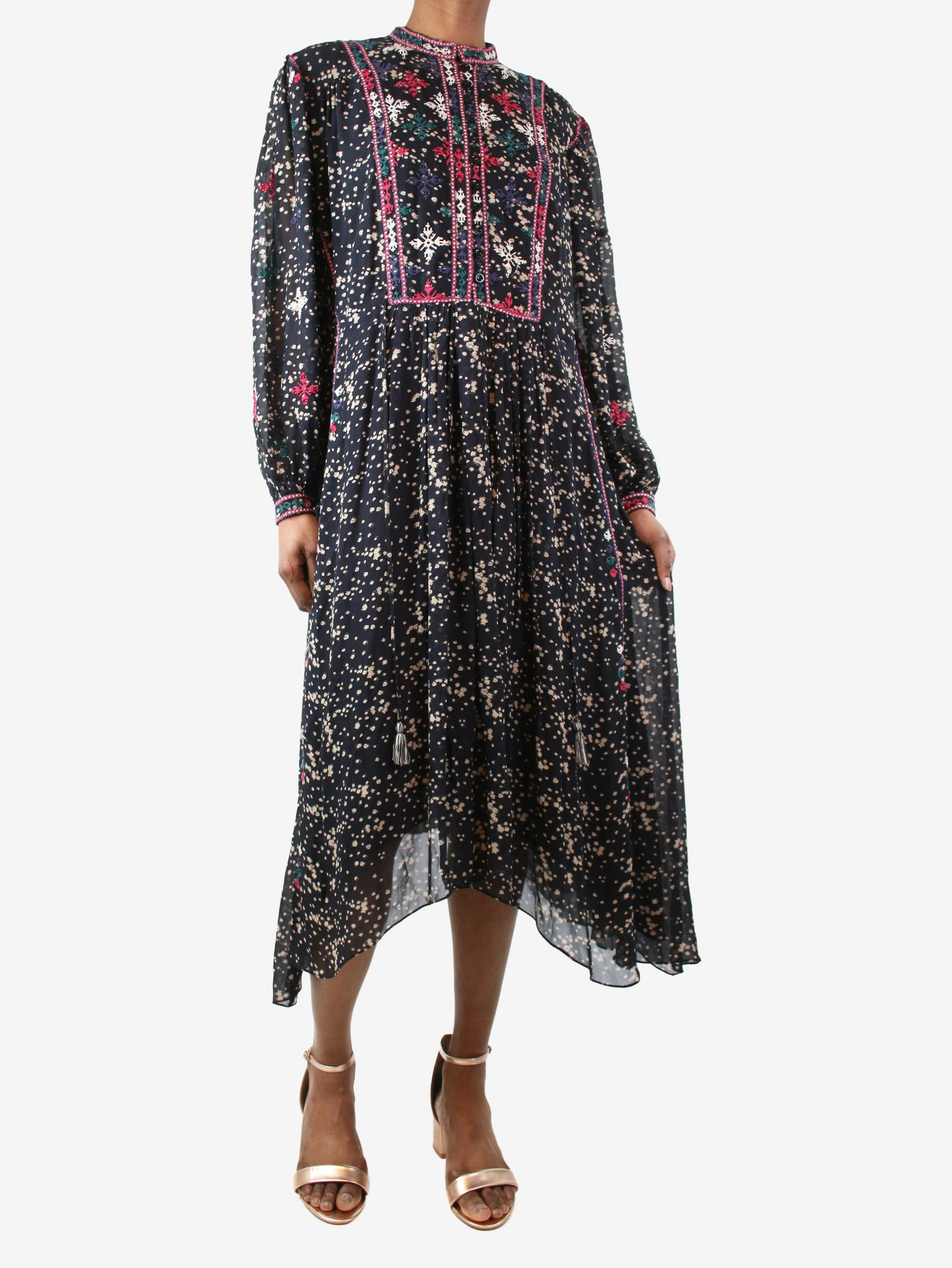 Black patterned embroidered midi dress - size UK 6