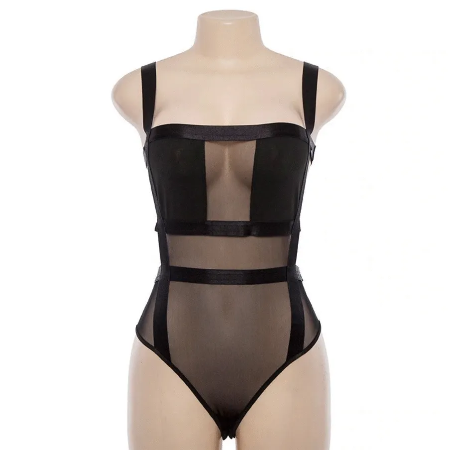 Black Sheer Mesh Transparent Bodysuit