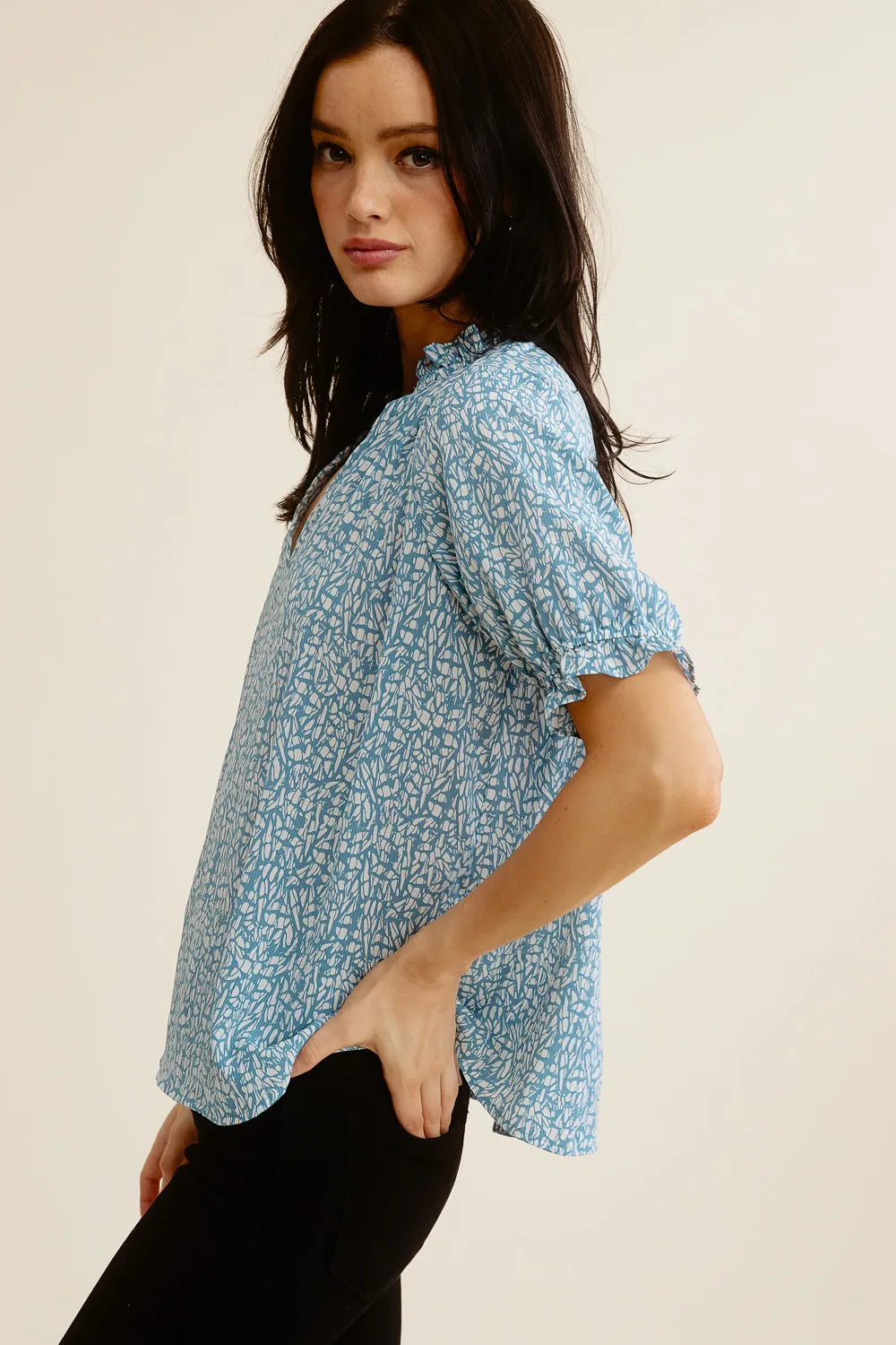 Blue Patterned Puff Sleeve Blouse