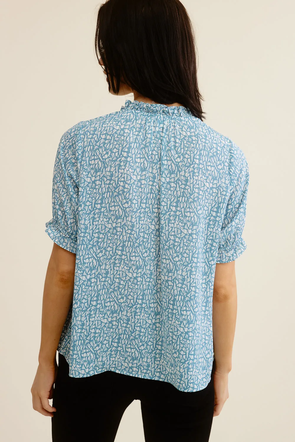 Blue Patterned Puff Sleeve Blouse