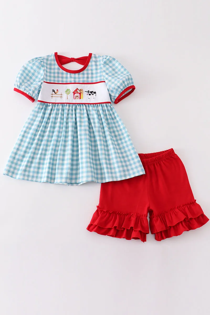 Blue plaid farm embroidery girl set