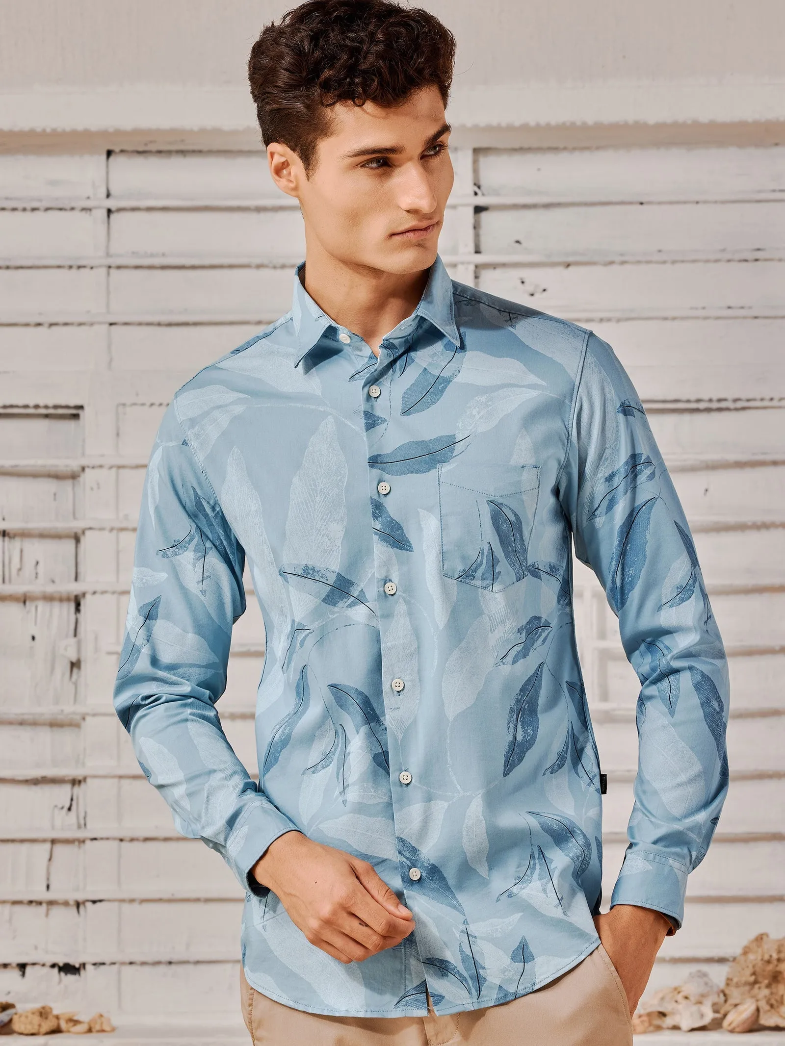 Blue Stretch Printed Shirt