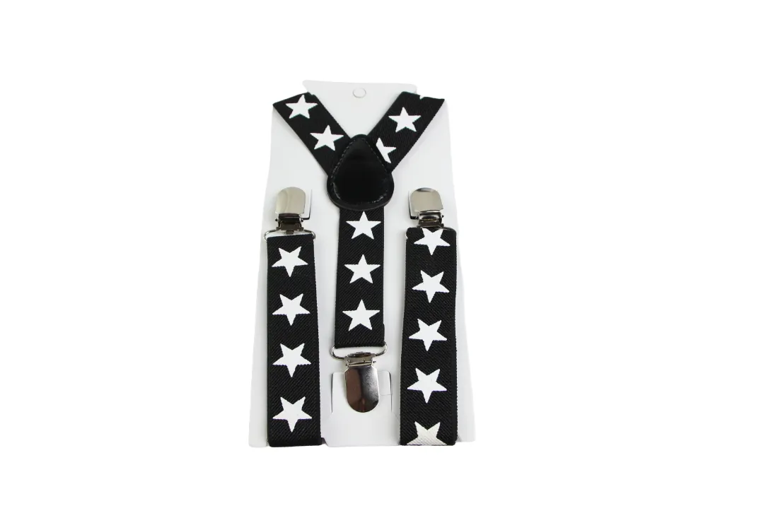 Boys Adjustable Black With Large White Stars Patterned Suspenders