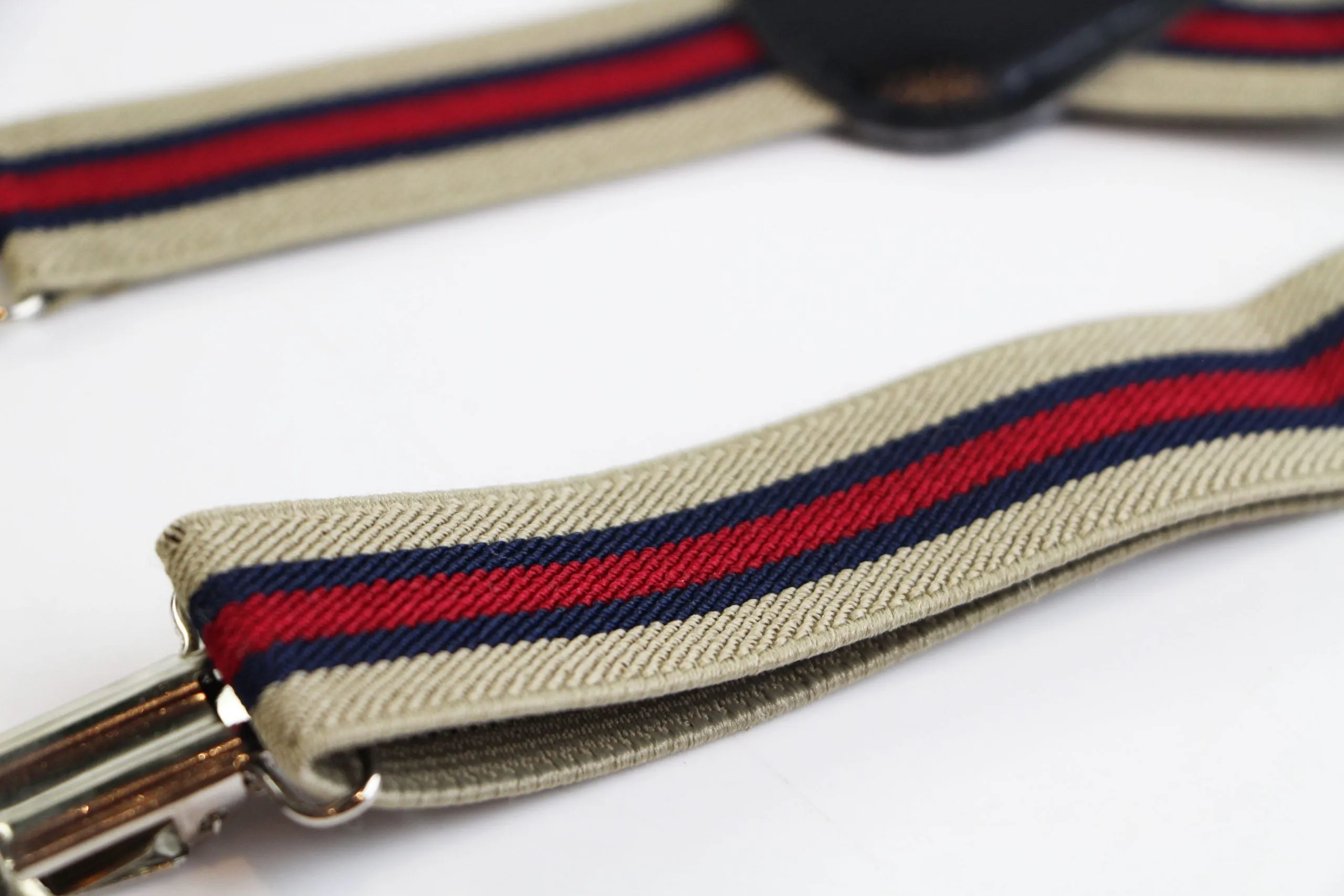 Boys Adjustable Latte, Navy & Red Striped Patterned Suspenders