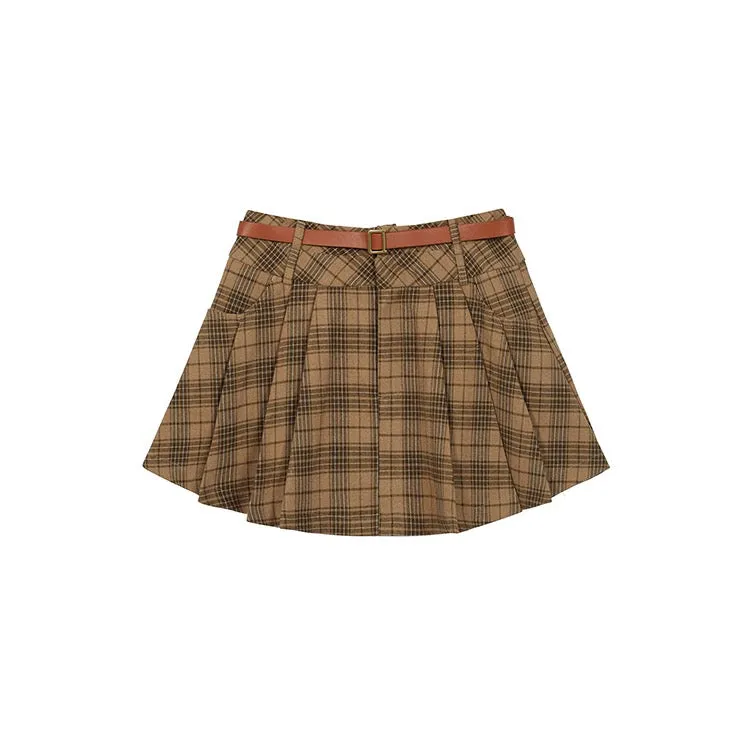 Brown Plaid Belt Skirt