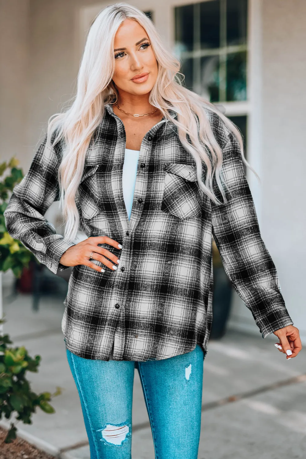 Buttons Pocketed Plaid Shacket