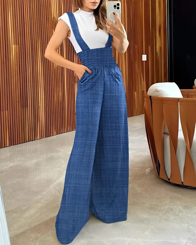 CHIC BLUE PLAID SUSPENDER JUMPSUIT