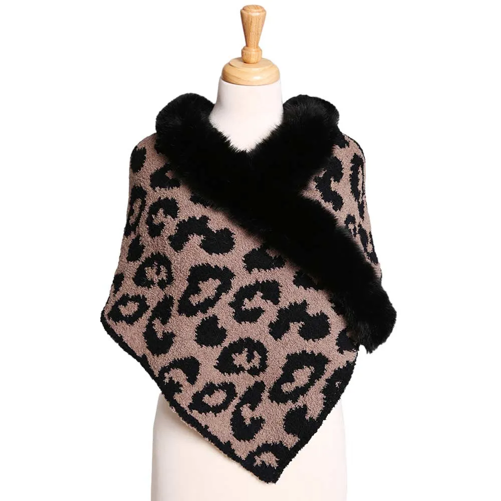 Faux Fur Pointed Leopard Patterned Shawl