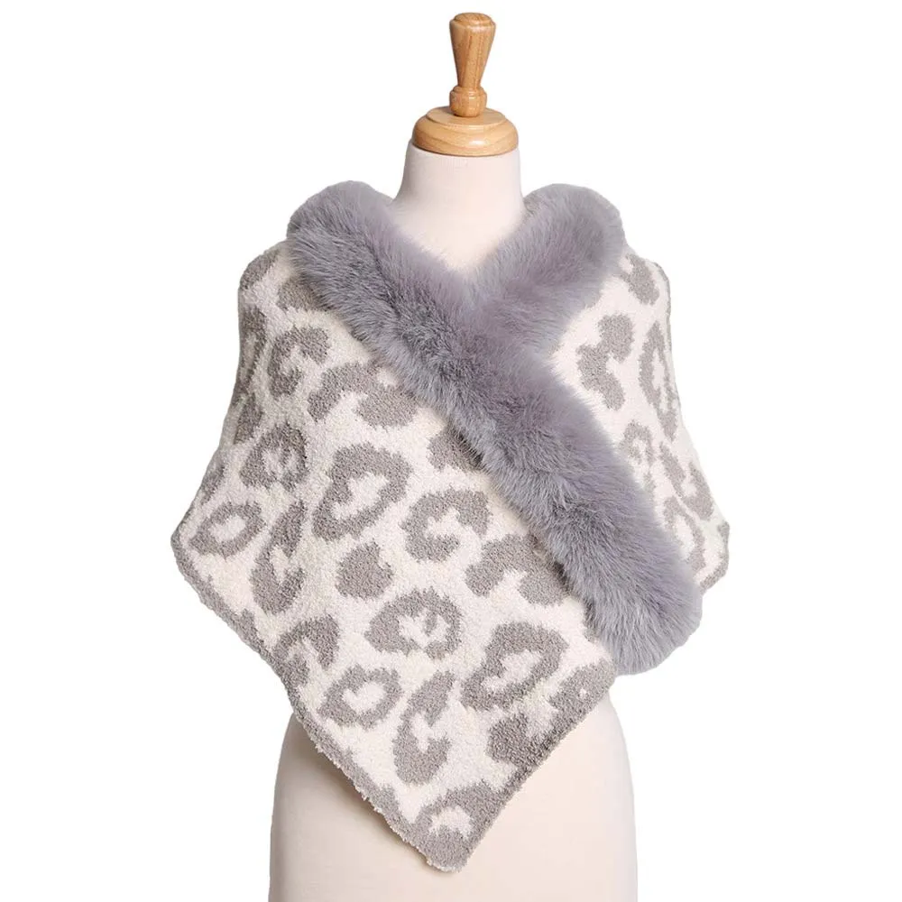 Faux Fur Pointed Leopard Patterned Shawl