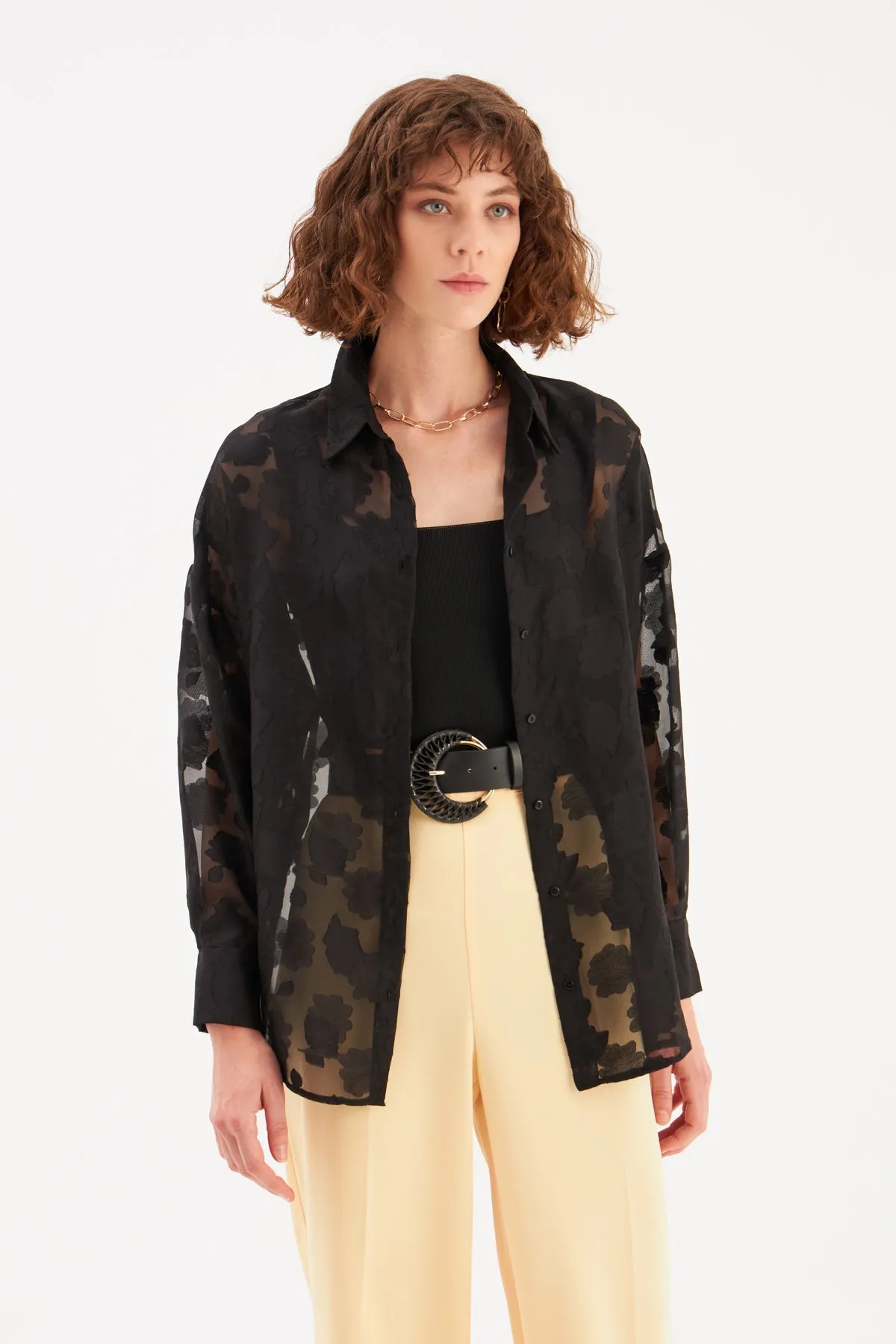 Floral Patterned Loose Shirt - BLACK