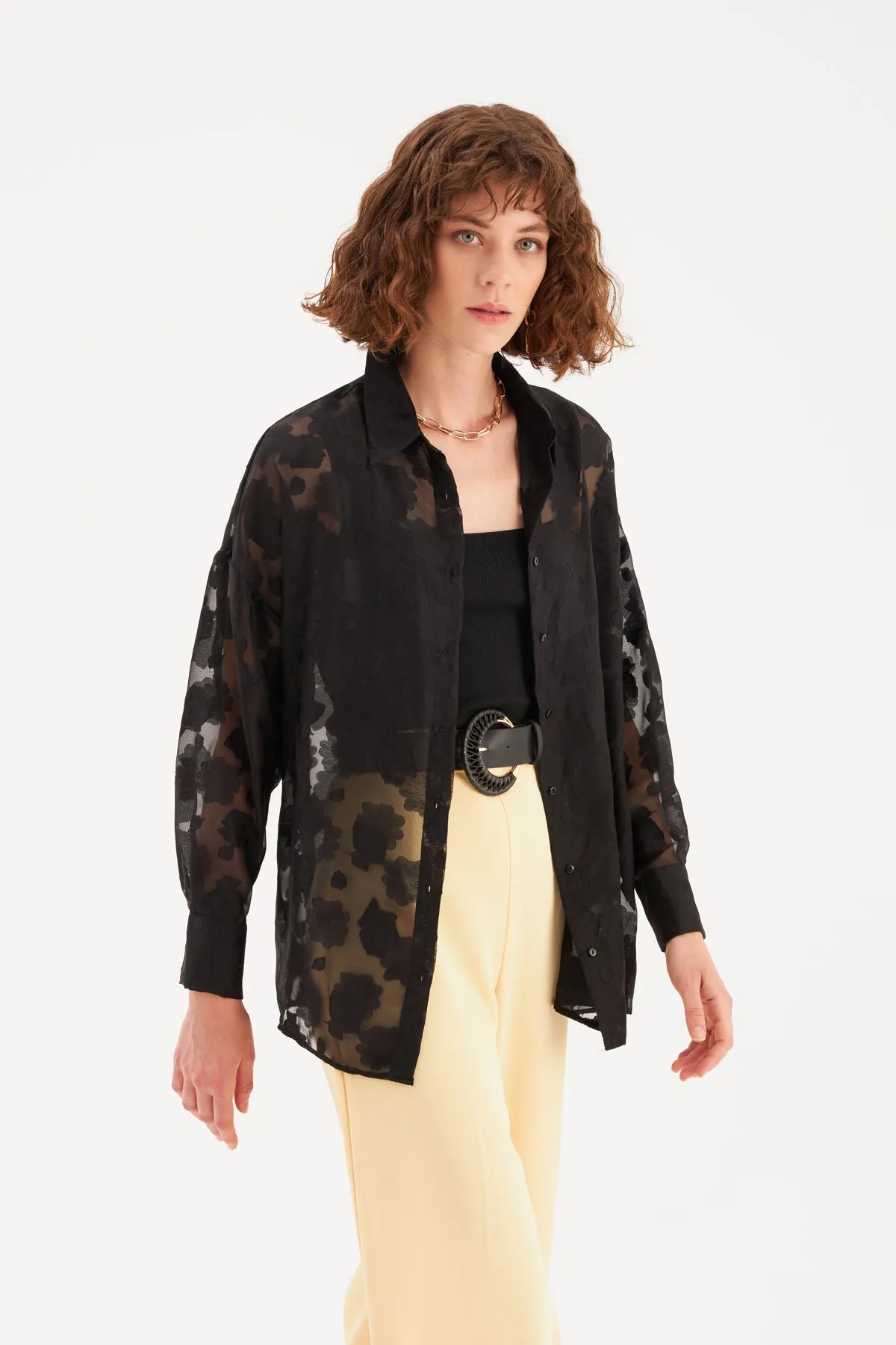 Floral Patterned Loose Shirt - BLACK