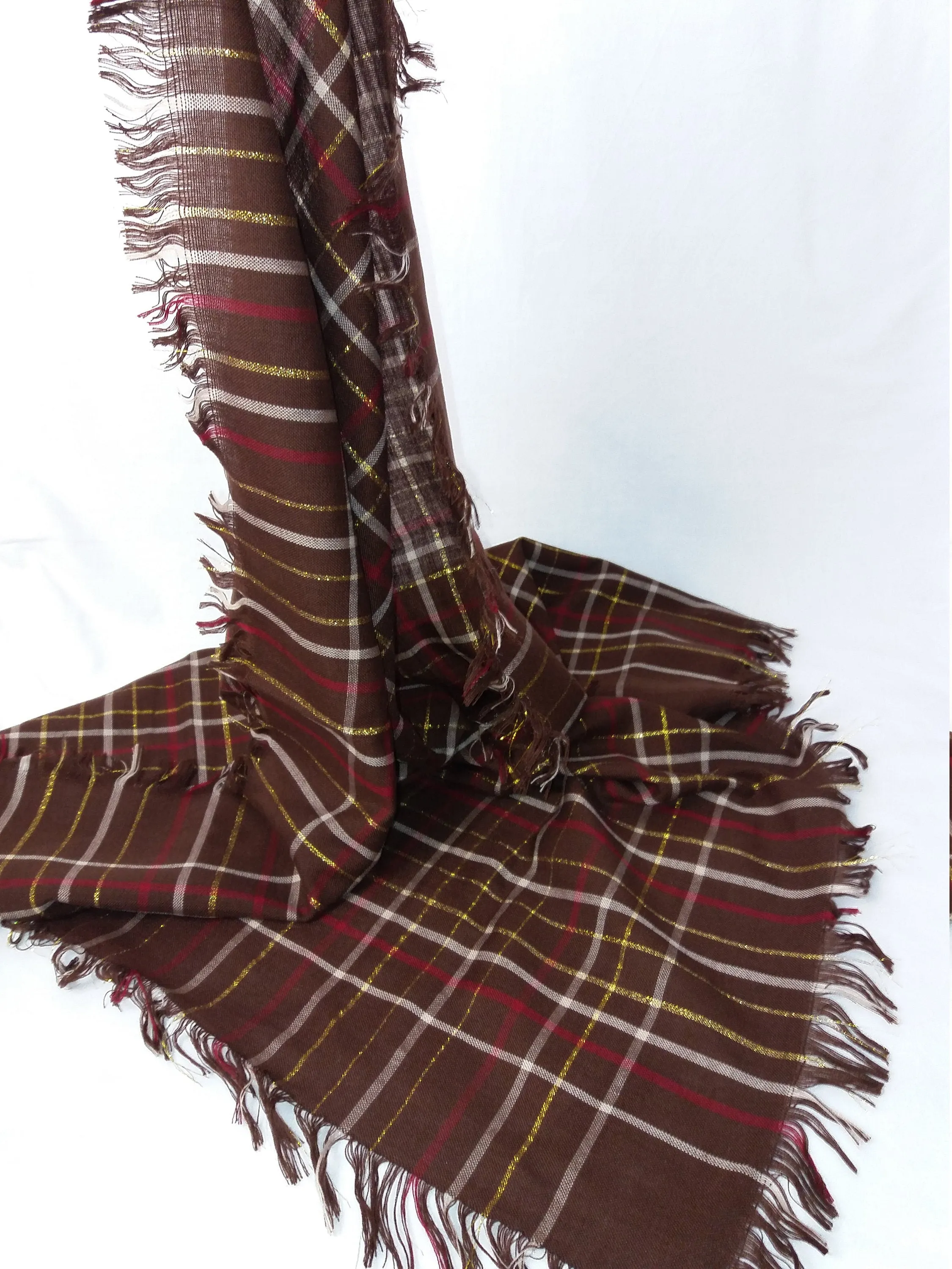 Fringe Scarf Plaid Pattern Brown Gold