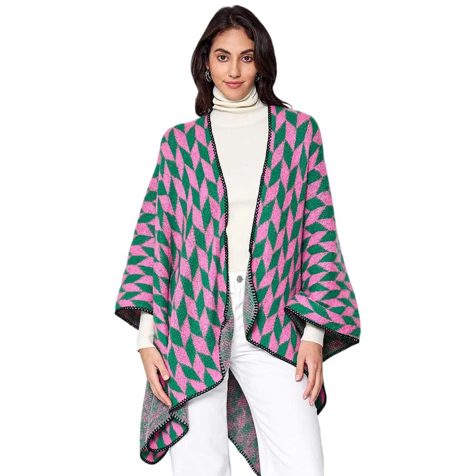 Geometric Patterned Knit Kimono Poncho