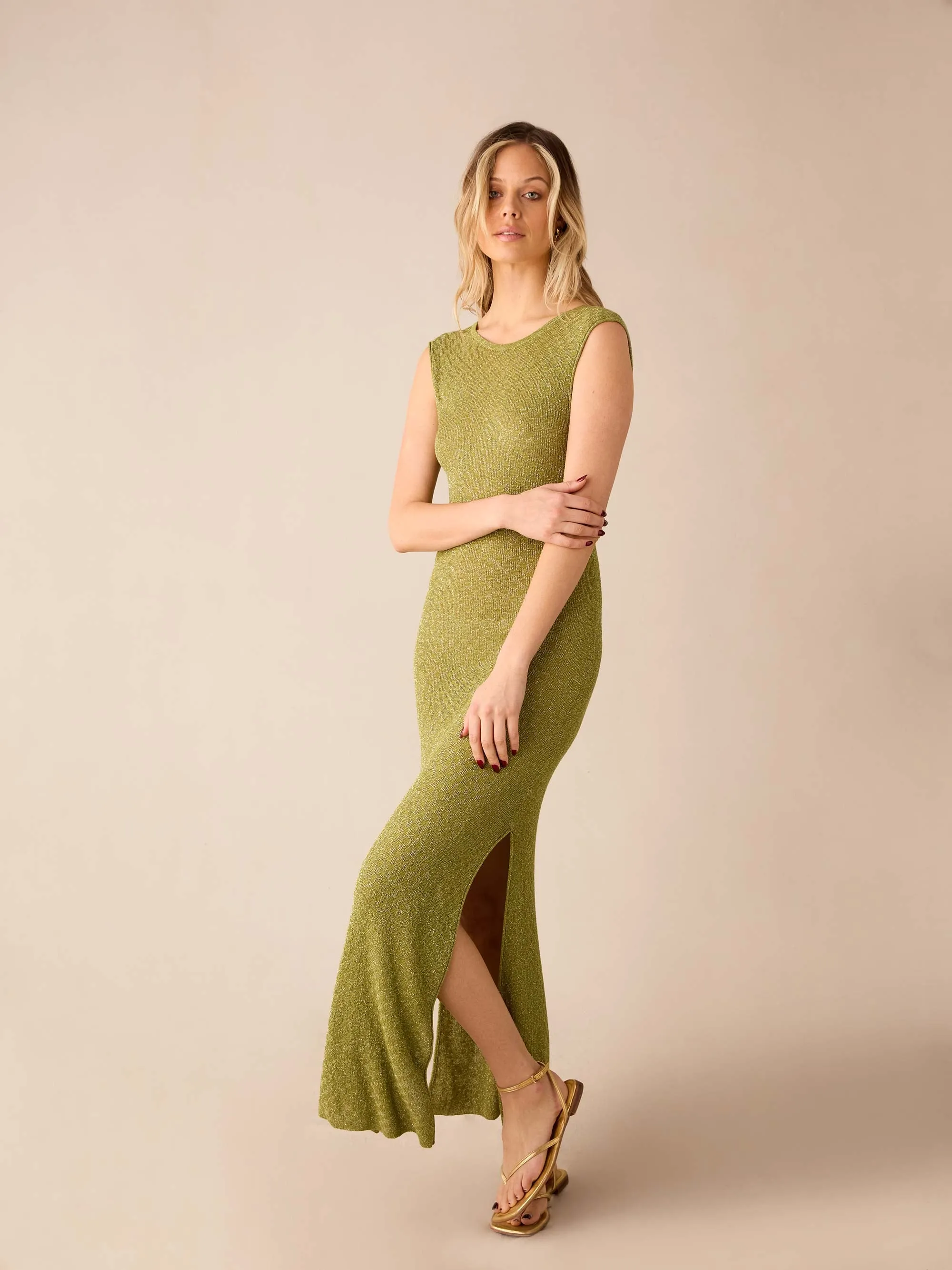 Green Sheer Lurex Knit Column Dress