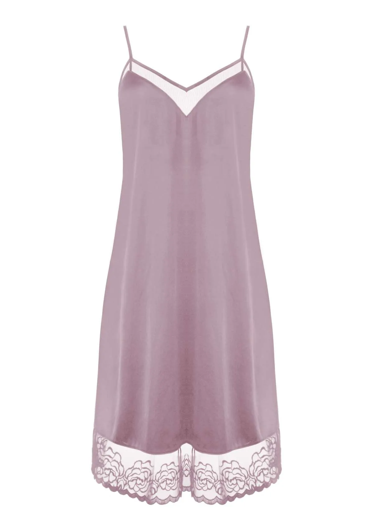 HSIA V-Neck Silky Chemise with Rose-Patterned Lace Trim