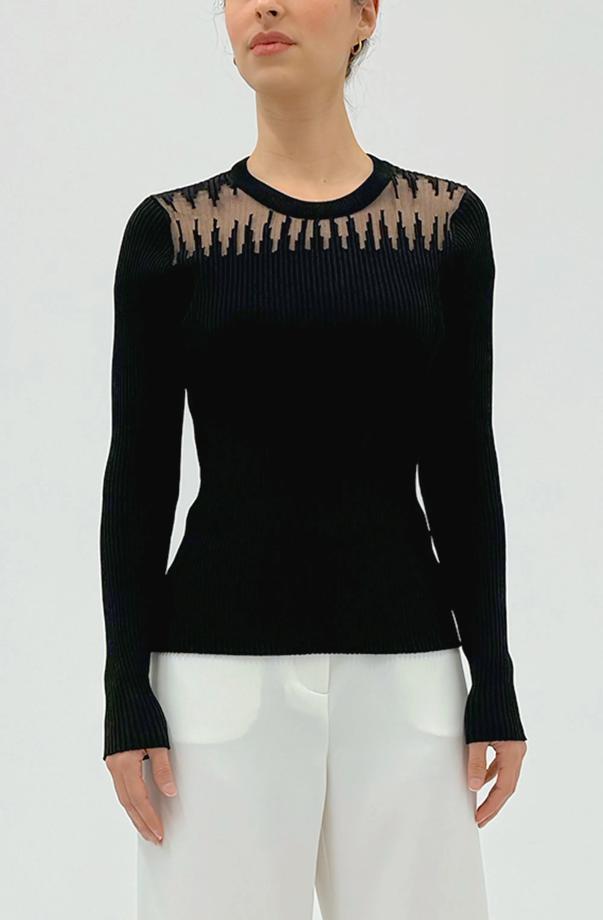 Long Sleeves Ribbed Knit with Sheer Neckline Top