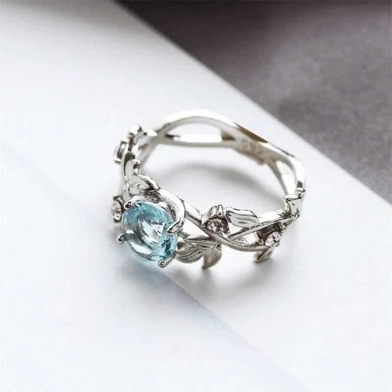 Luxury Quality Hollow Leaves Aquamarine Ring