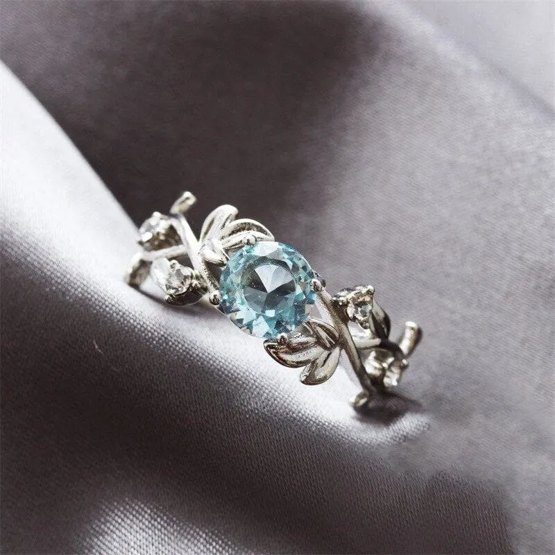 Luxury Quality Hollow Leaves Aquamarine Ring