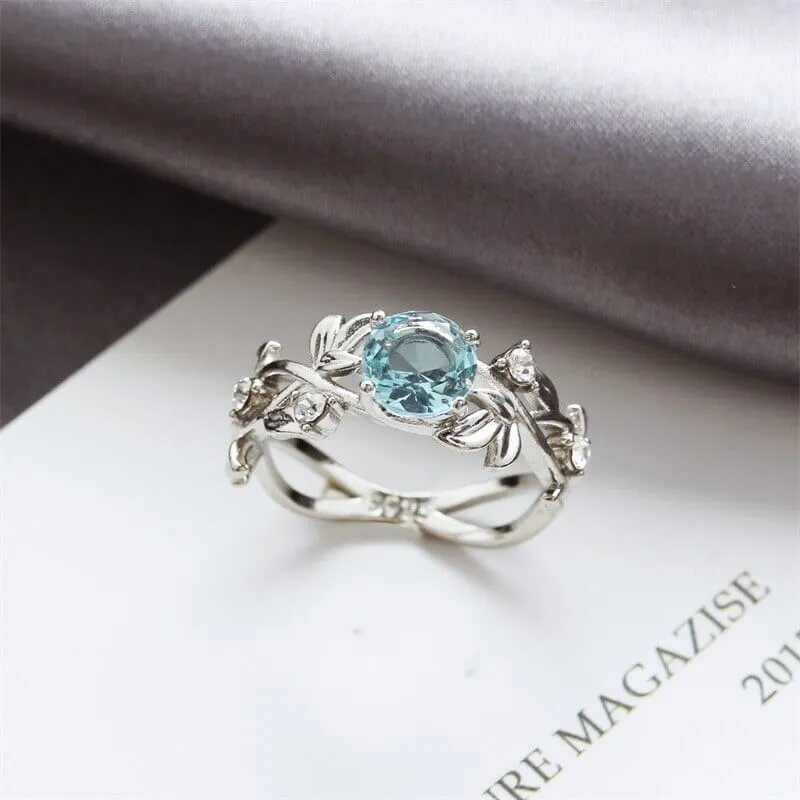 Luxury Quality Hollow Leaves Aquamarine Ring