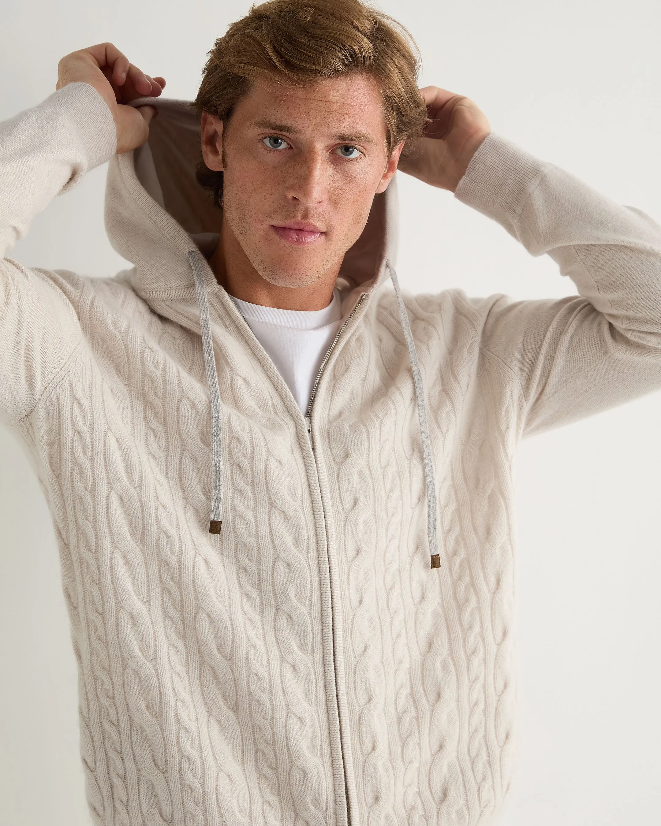 Men's Fulham Cable Zip Cashmere Hoodie Frost White