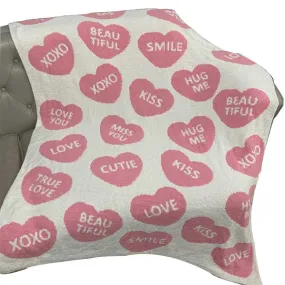 Message Written Heart Patterned Reversible Throw Blanket