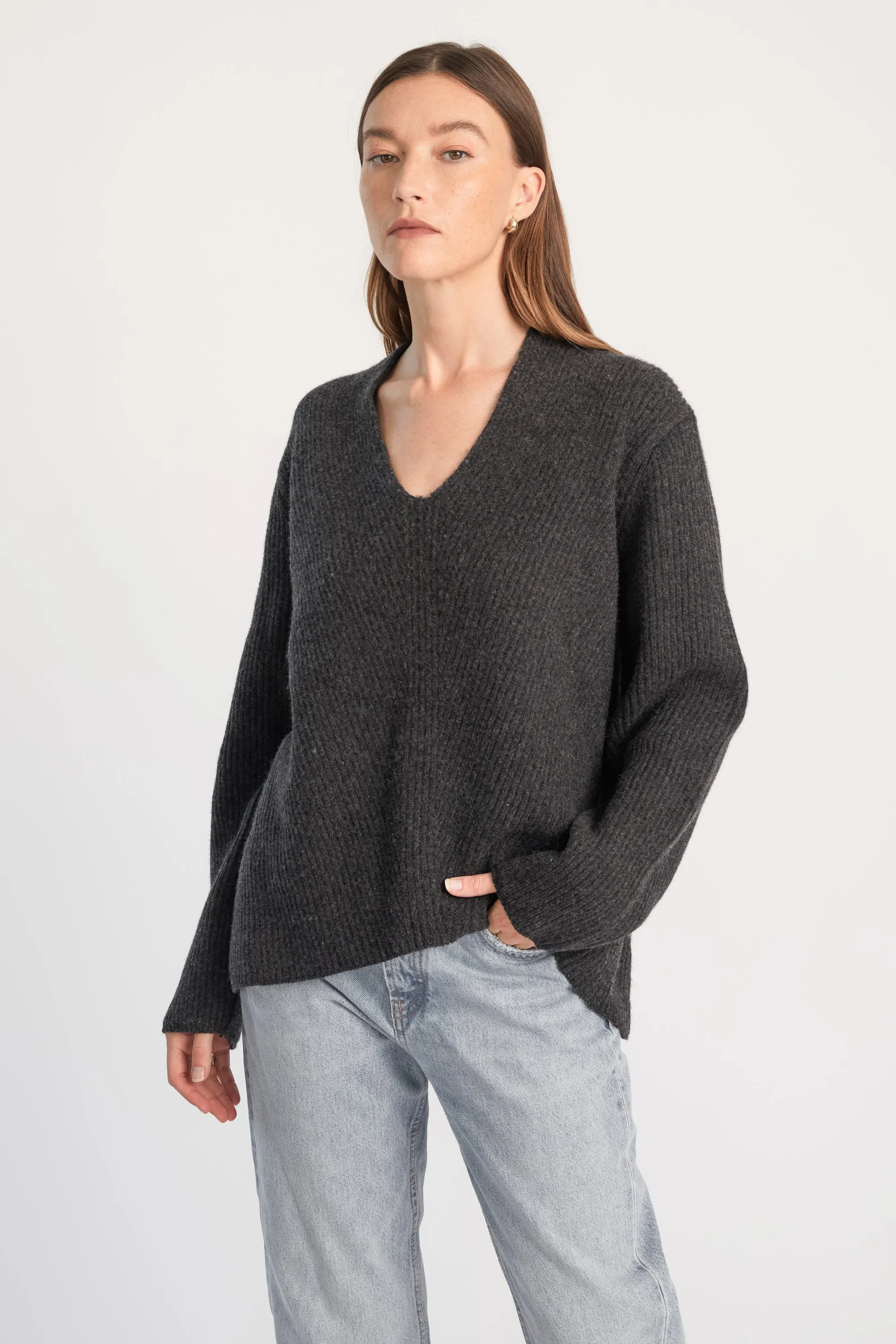 Oversized V Neck Ribbed Sweater