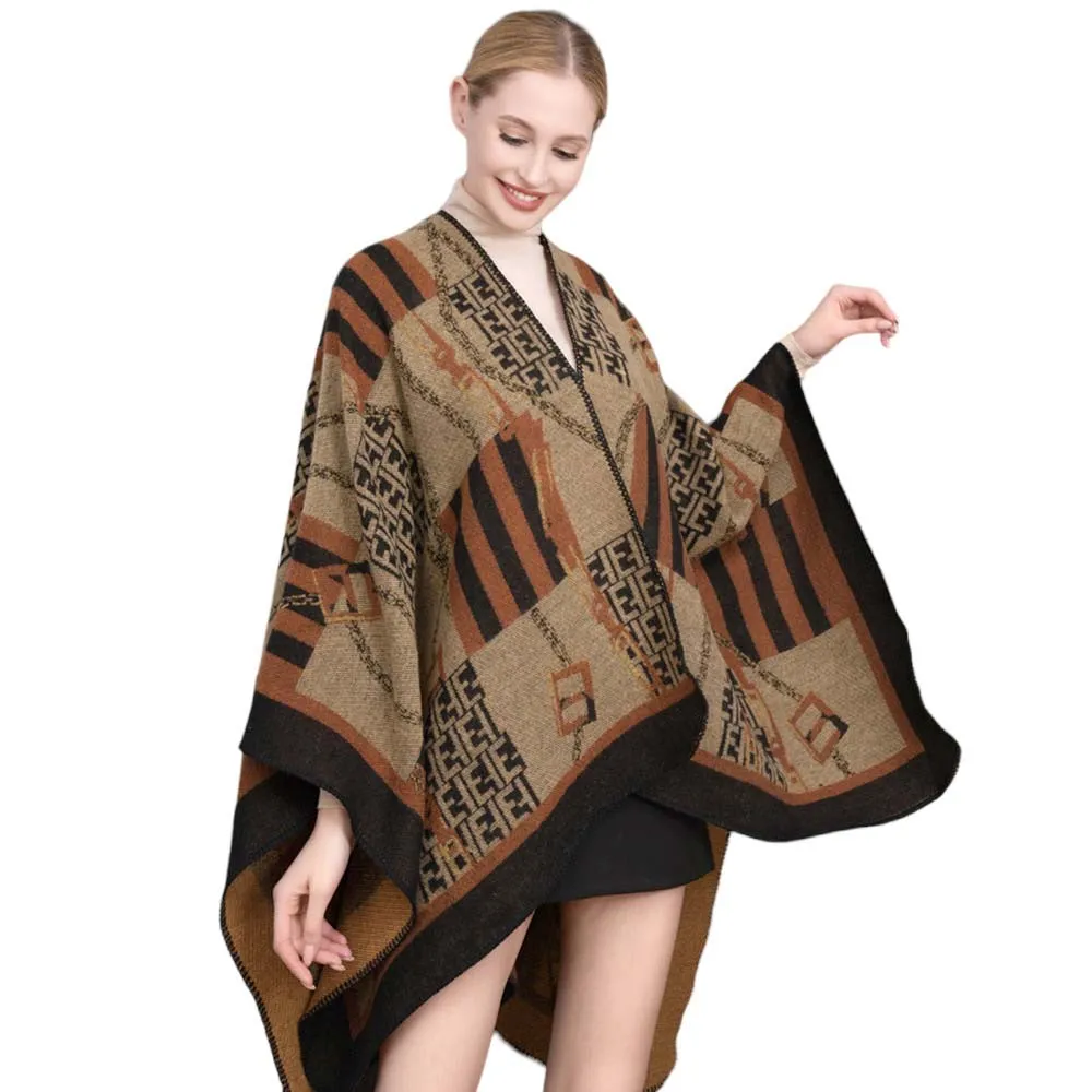 Patterned Border Ruana Poncho