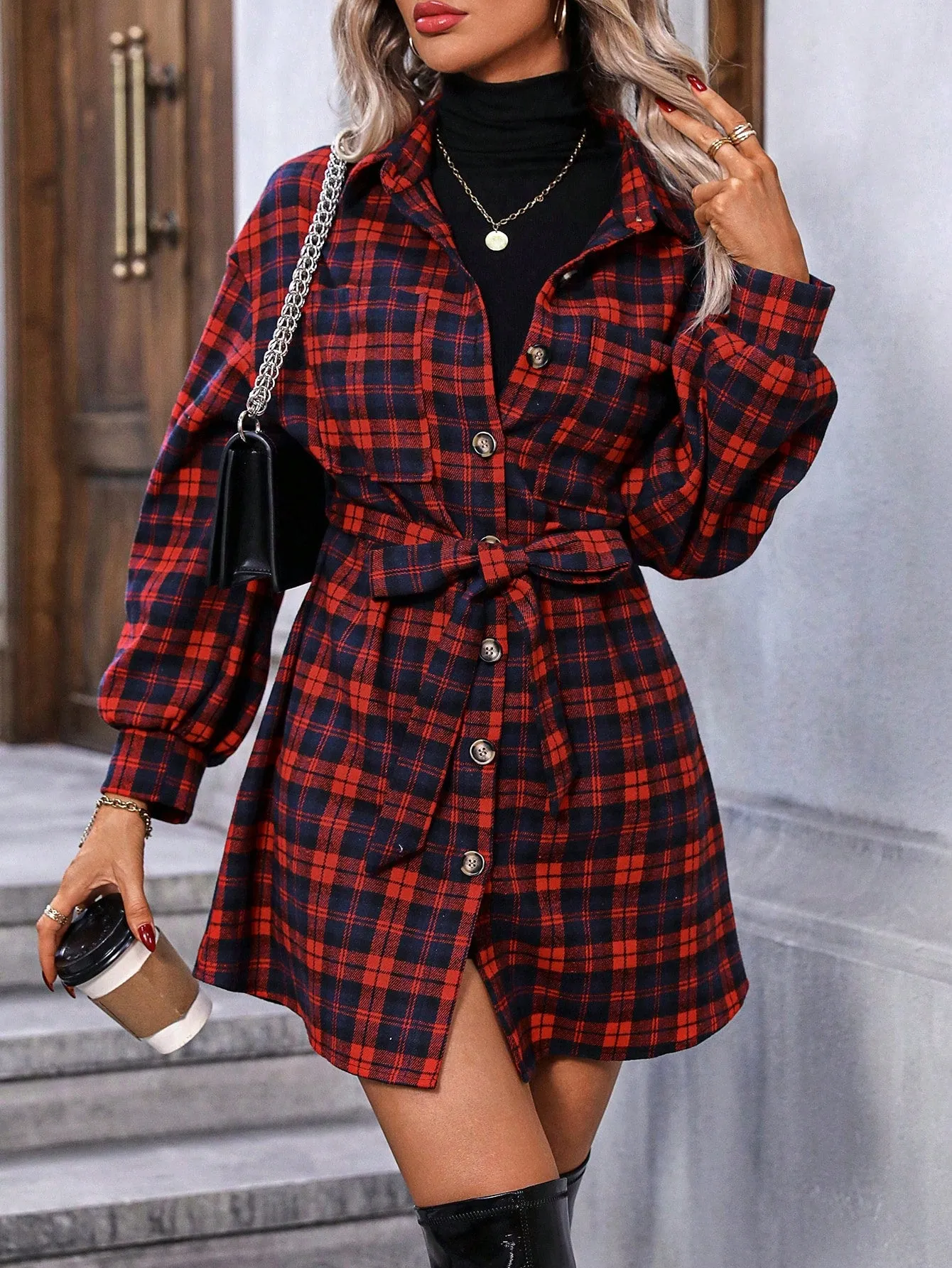 Plaid Print Belted Coat