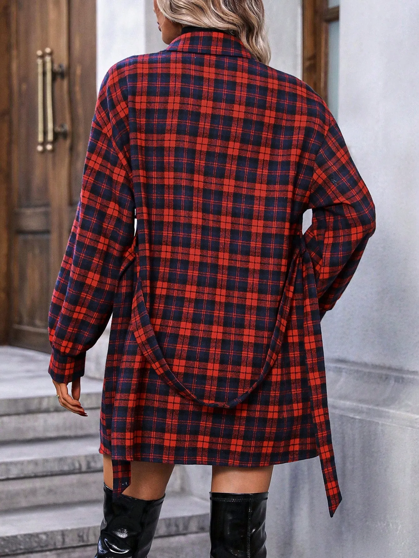 Plaid Print Belted Coat