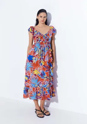 Printed Ruffle Midi Dress