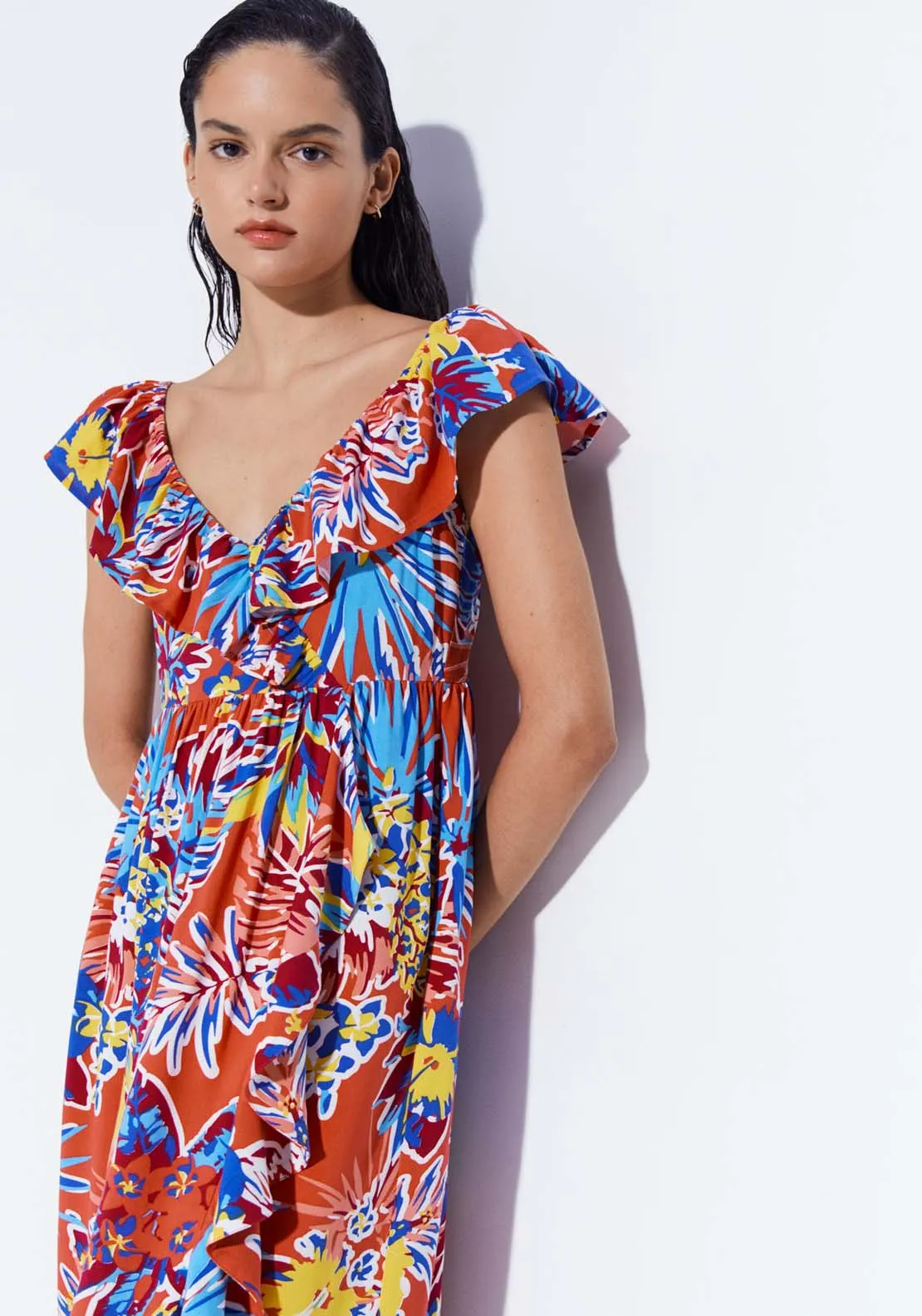 Printed Ruffle Midi Dress