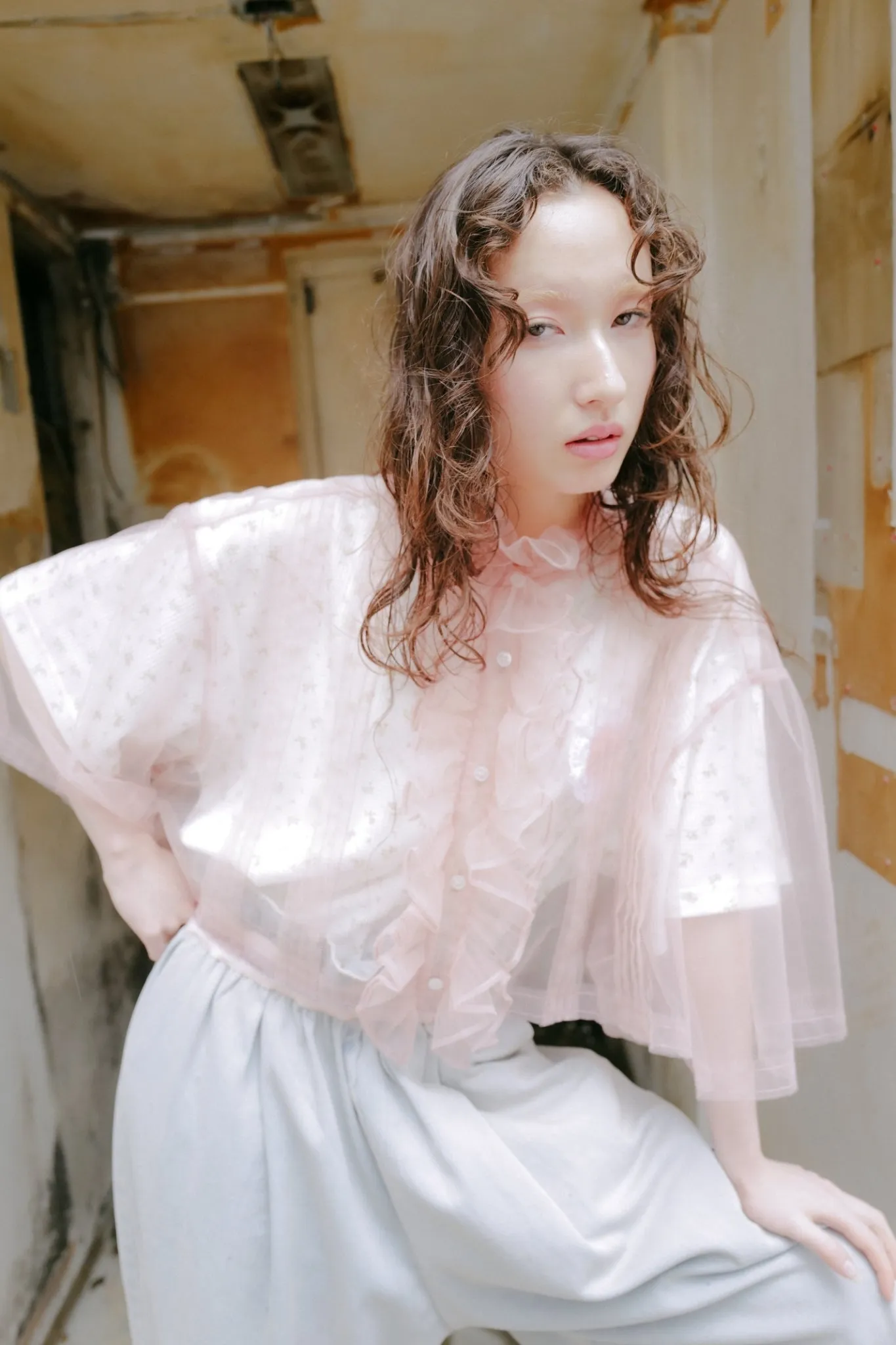 Sheer Frill Blouse / Baby Pink