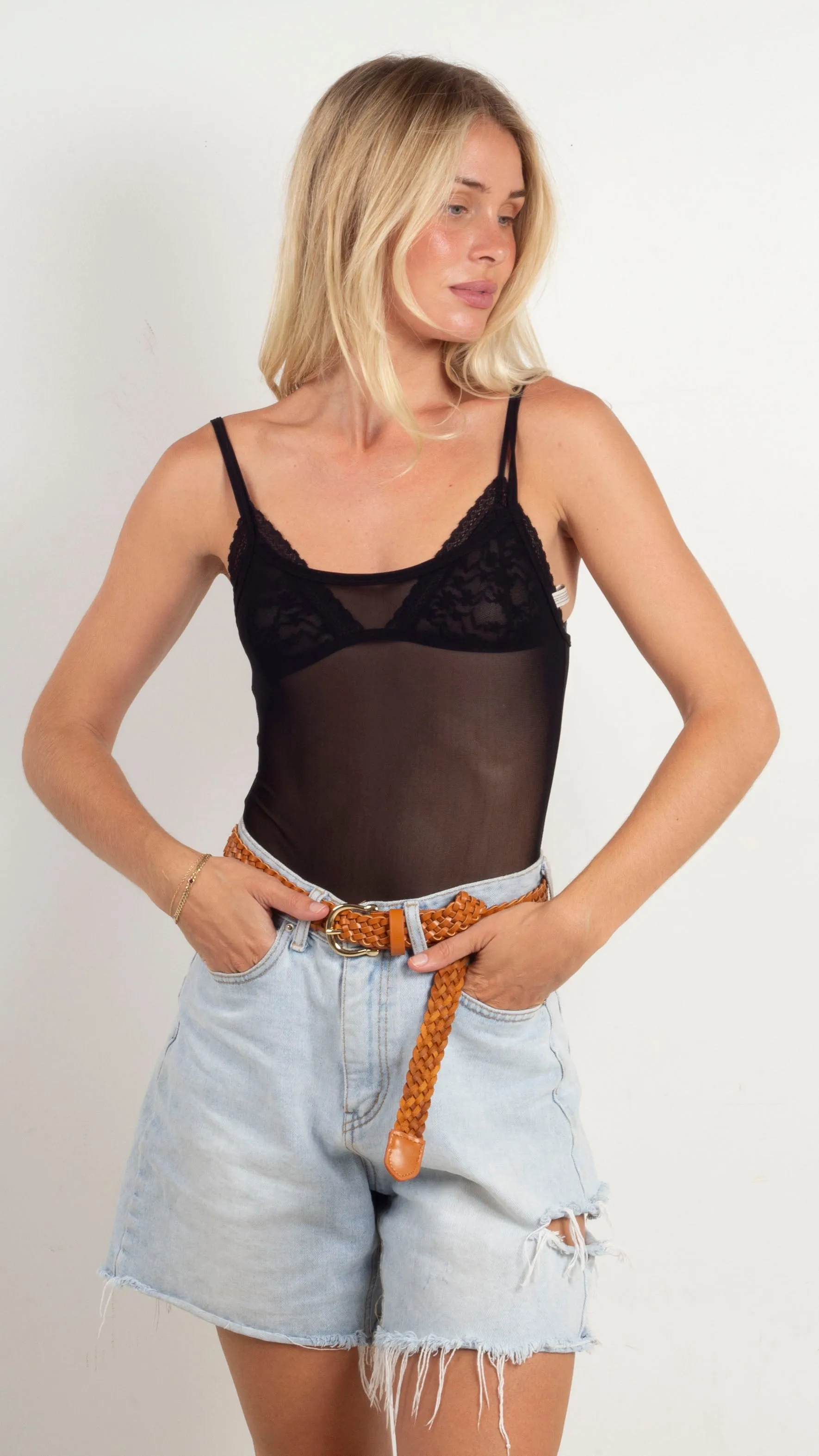 Sheer Mesh Cami Bodysuit - Black